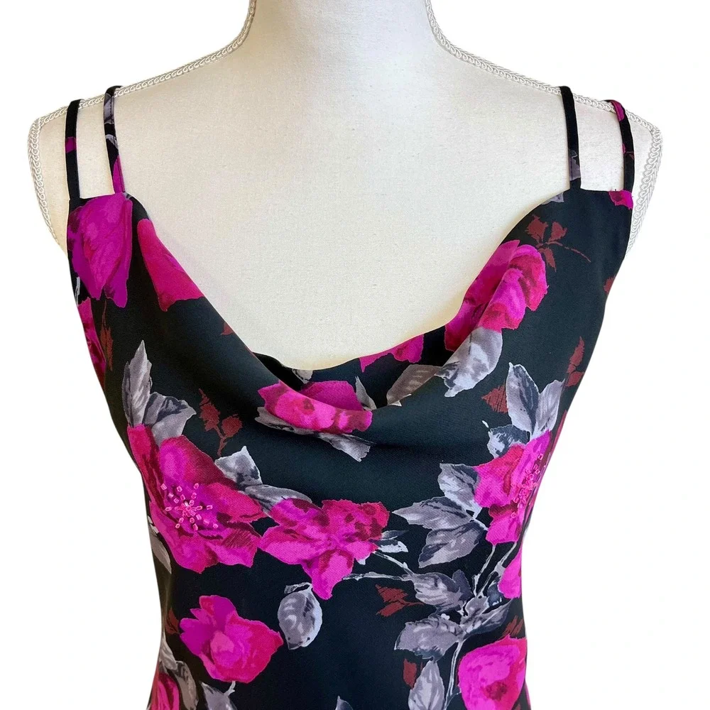 NEW YORK COMPANY Y2K 90s Black‎ Floral Midi Slip Dress Cowl 6 Beaded Phoebe